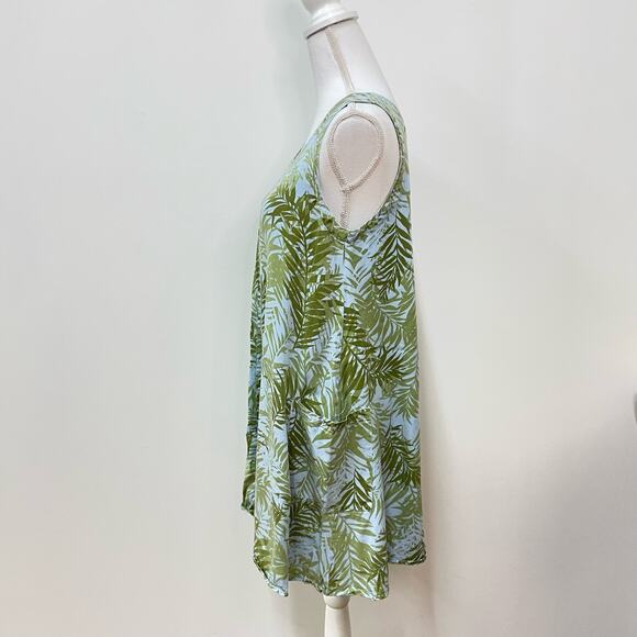 CLICK by CMC Sz M Green Blue Leaf Botanical Print Scoop Neck A-Line Short Dress - Picture 6 of 8